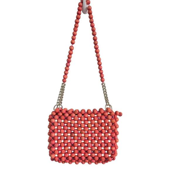 VTG 60s Wooden Bead Shoulder Purse Red/Coral Silver Chain Zipper Pink Interior - Picture 2 of 4
